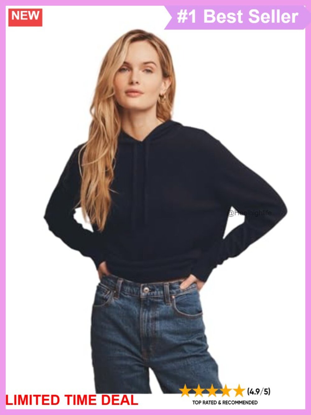 100% Cashmere Hooded Pullover Sweatshirt Long Sleeve Regular Fit